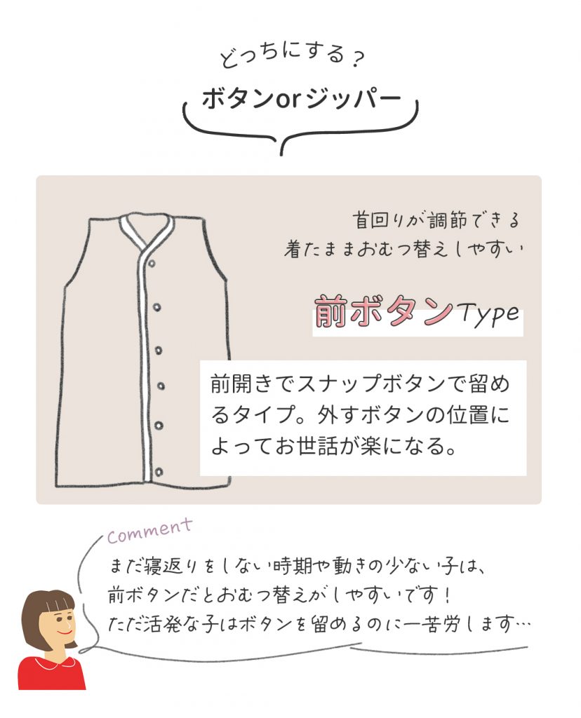 まだ寝返りをしない時期や動きの少ない子は、前ボタンだとおむつ替えがしやすい。ただ活発な子はボタンを留めるのに一苦労します。
