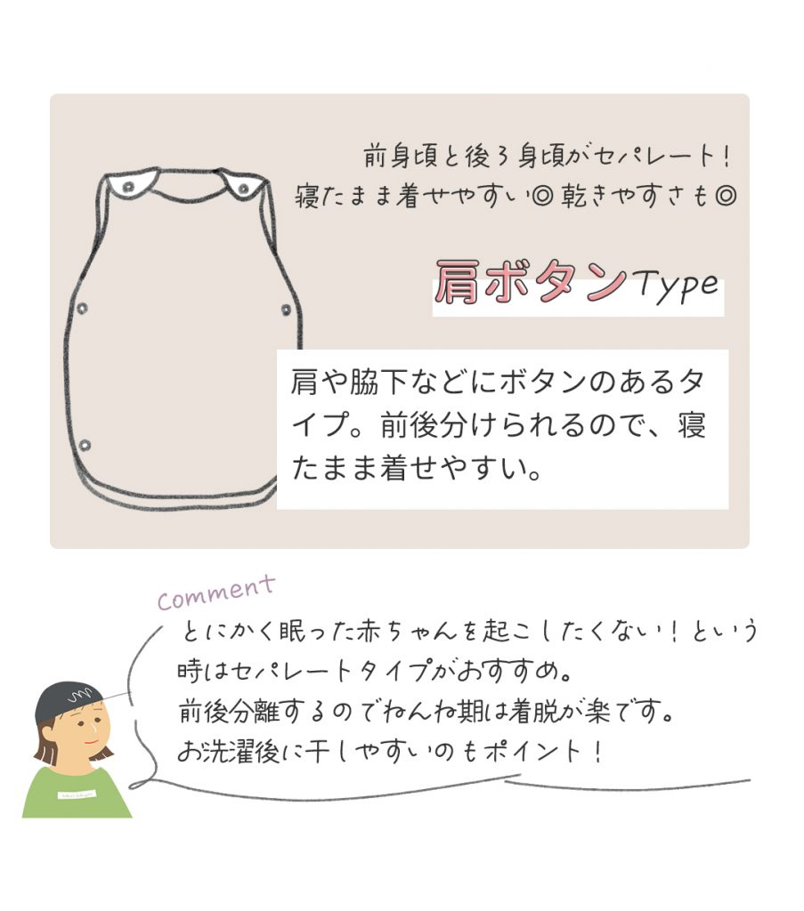とにかく眠った赤ちゃんを起こしたくない！という時は前後セパレートするタイプがおすすめ。新生児などねんね期は着脱が楽です。洗濯後に干しやすい(乾かしやすい)のも利点！